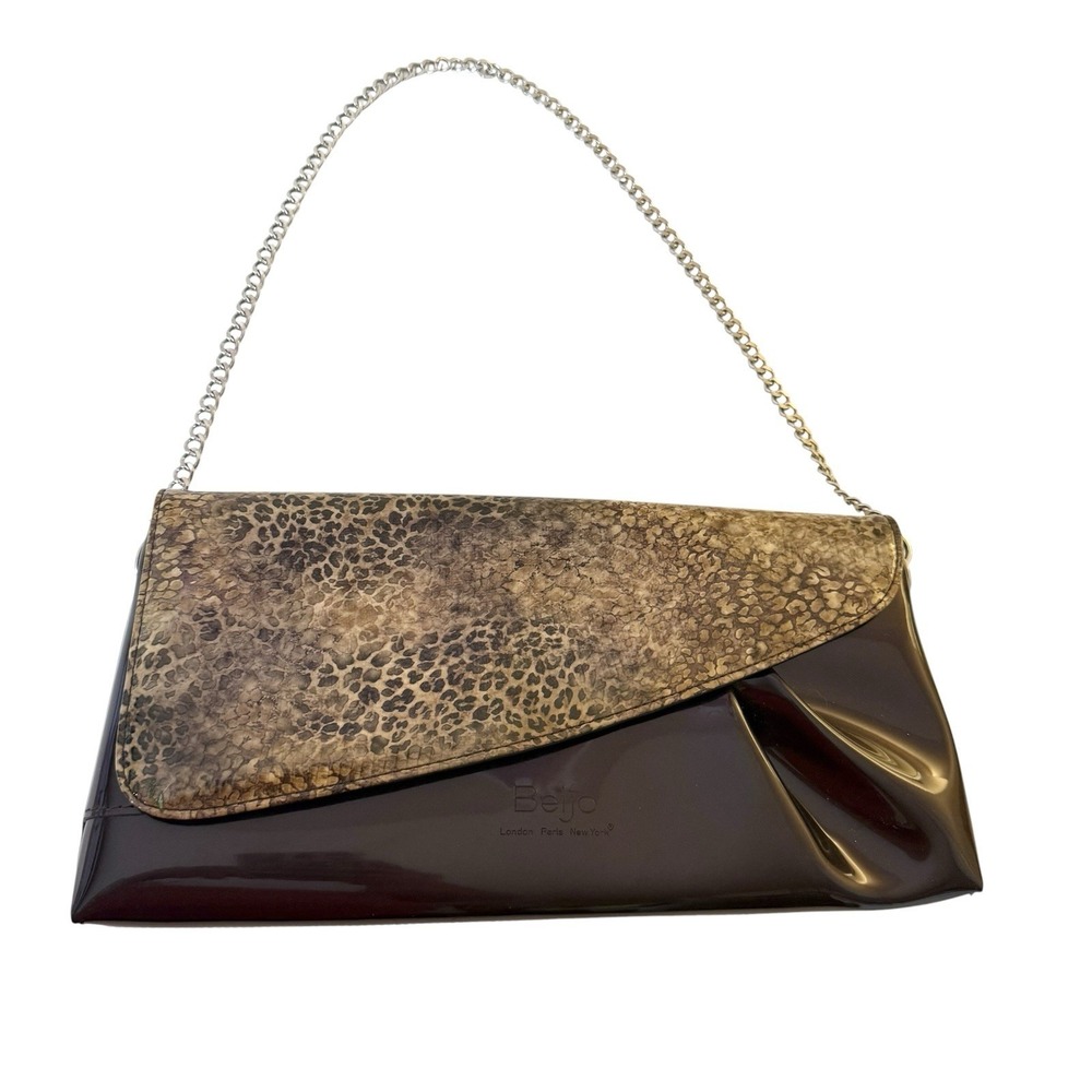 Beijo Patent Leather and Leopard Print Clutch Chain Strap Retro 90s Animal
